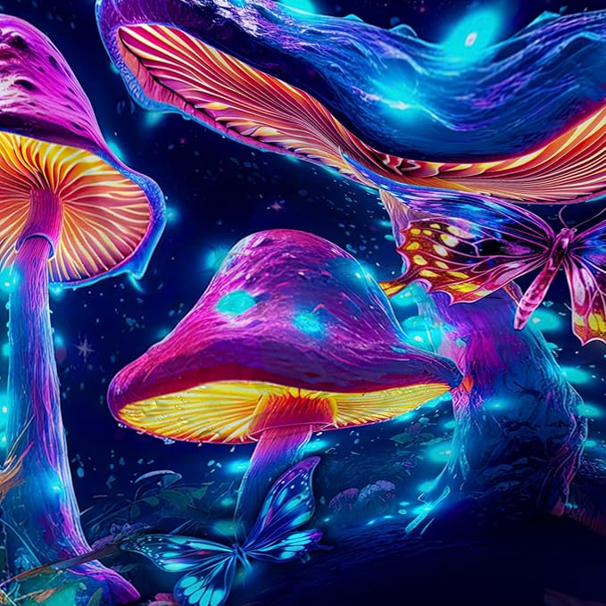 AILONEN Magic Mushroom Shower Curtain for Kids Girls,Glowing Mushrooms and Starry Night Waterproof Fabric Shower Curtain for Bathroom,Butterfly Plants Shower Curtain Set with Hooks,48" W*72" H