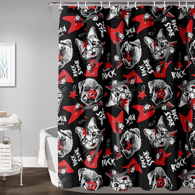 AILONEN Kitten and Puppy Shower Curtain,Rock Kitten Puppy Bath Curtains for Kids Boys Girls,Animal Polyester Waterproof with 12 Plastic Hooks 48" W*72" H