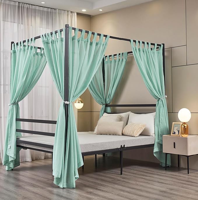Mengersi Linen Canopy Bed Curtains for Twin,Full,Queen and King Size Bed,Bed Canopy Natural Blended Curtain Panels, 8 Panels Set (All Bed Sizes, Sea Mist)