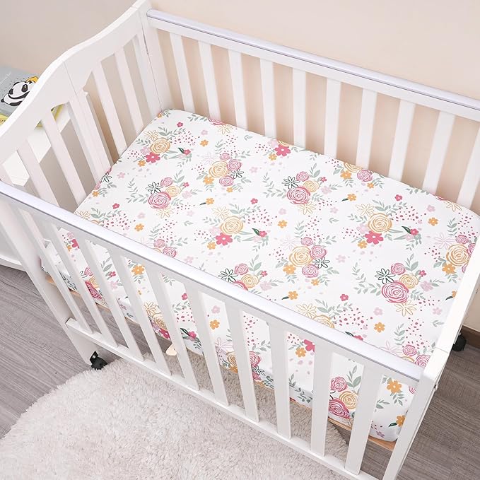 PHF Soft Mini Crib Sheet Set, 2 Pack Silky Comfy Pack N Play Sheets for Boys Girls, Universal Fit for Pack N Play, Playard and Mini Crib Mattresses, Rose Floral