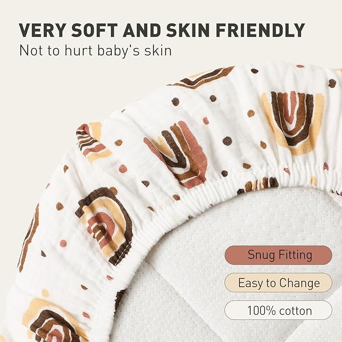 Muslin Bassinet Sheets 2 Pack for Baby Boy and Girl, Breathable Elastic Cozy Fitted Cotton Bassinet Mattress Sheet, Universal Fit for Hourglass Oval and Rectangle Bassinet Mattress (Cute Rainbow)