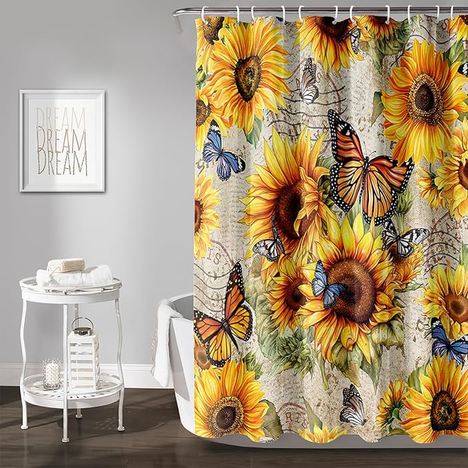 AILONEN Girls Sunflower Shower Curtain,Butterfly Sunflower Bath Curtain for Kids Women,Vintage Yellow Flower Decor Bathroom Curtain with 12 Plastic Hooks, 72" W x 72" H