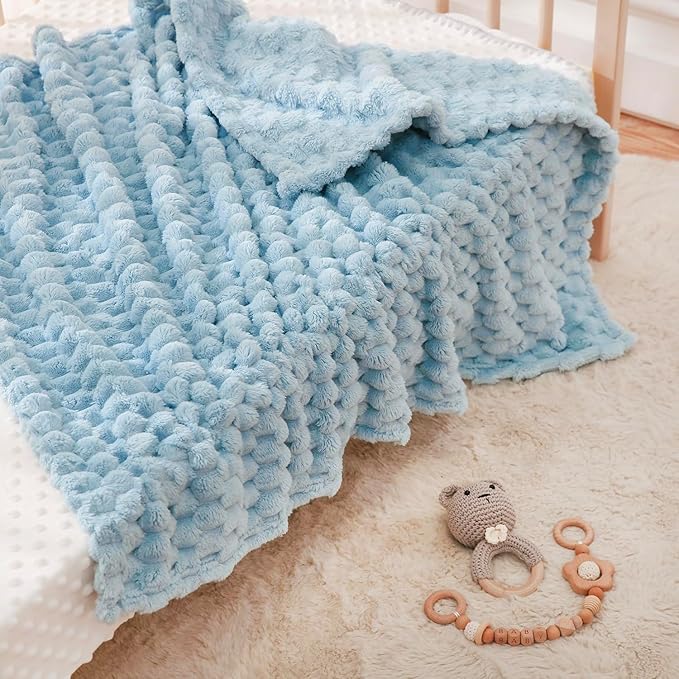 HOMRITAR Baby Blanket for Boys or Girls 3D Jacquard Fluffy Fuzzy Blanket for Infant, Soft Warm Cozy Flannel Fleece Warm Blanket Nursery, Stroller Toddler Bedding (30 x 40 Inch, Blue)