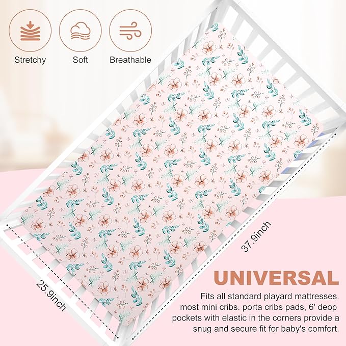 Pack n Play Fitted Sheet. 2 Piece Mini Crib Sheet. Elastic Playard Sheet. Portable Sheet Set. Elastic Convertible Playard Set. Compatible with Graco Pack n Play (Pink Flower)