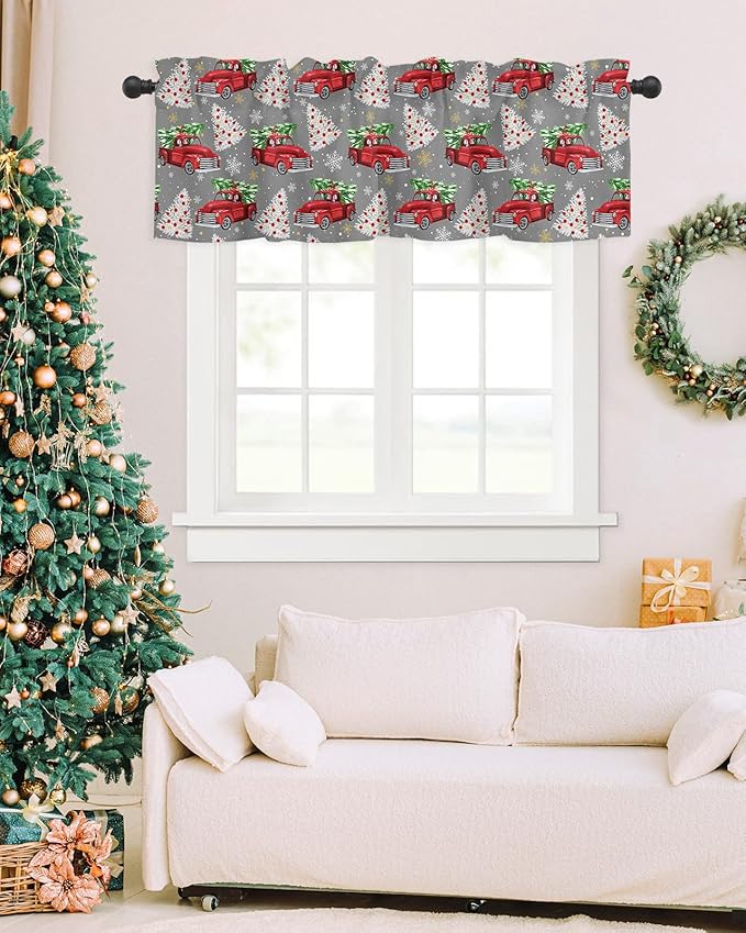 Red Truck Christmas Valance Curtains for Kitchen Windows Merry Christmas Tree Rod Pocket Window Treatment Toppers for Kitchen/Living Room/Bedroom/Bathroom, 54" X 18", Winter Snowflake Grey