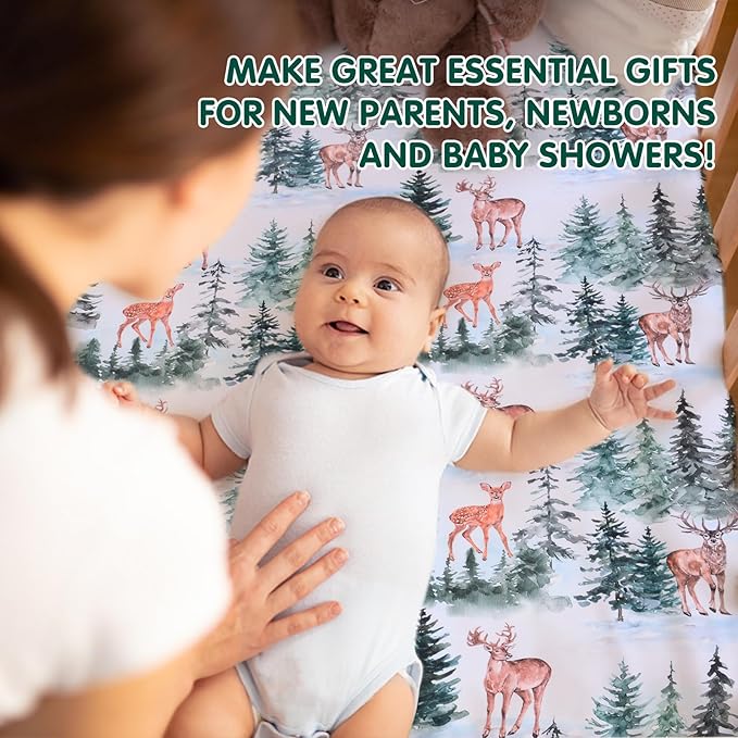 JISEN Fitted Crib Sheets 1 Piece Soft Breathable Baby Crib Sheets for Standard Crib and Toddler Mattress Baby Bed Sheets for Crib for Baby Boys Girls Neutral 28x52 Inch Woodland Animals