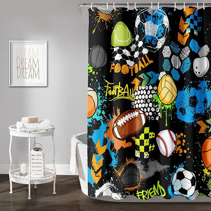 AILONEN Graffiti Sport Shower Curtain,Boys Graffiti Basketball Football Baseball Rugby Sport Bath Curtain Minimalist Bathroom Curtain 36" W*72" H Polyester Waterproof Bathroom Curtain with 12 Hooks