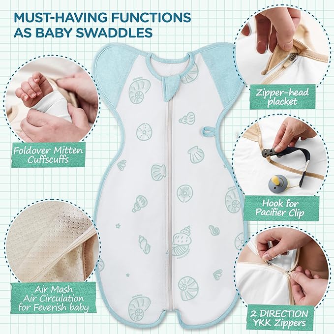 Swaddle, Organic 100% Air mesh, Aqua Shells, Large, 6-12 Months,19-26 lbs, Transition Baby Sleep Sack