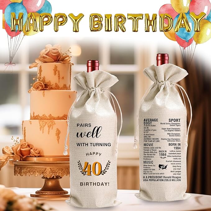 LANBAIHE 40th Birthday Gifts for Her,40th Birthday Gift for Women Men, 40 Years Old Birthday Gifts Wine Bag, 40th Birthday Decorations Party Supplies- 1984 Birthday(40 BIRTHDAY)