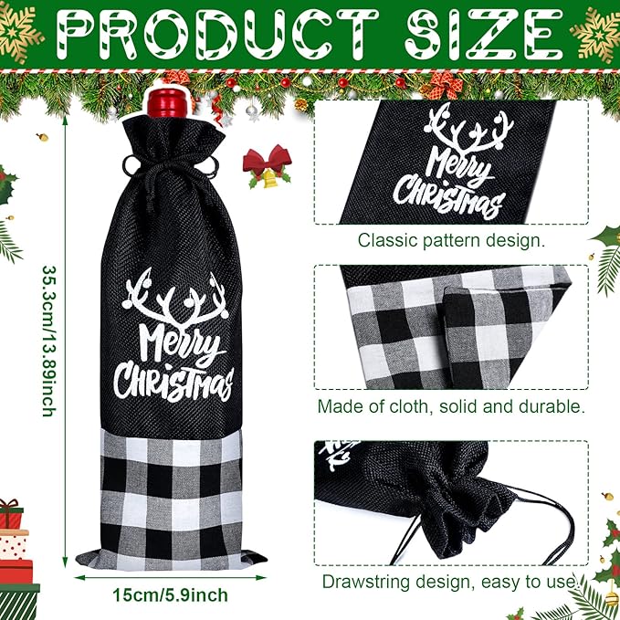 Patelai 12 Pieces Christmas Wine Bottle Bags Wine Bottle Sweater Dress Christmas Wine Sleeve Burlap Santa Bottle Covers Plaid Drawstring Bottle Bags for Xmas Dining Table (Black White)