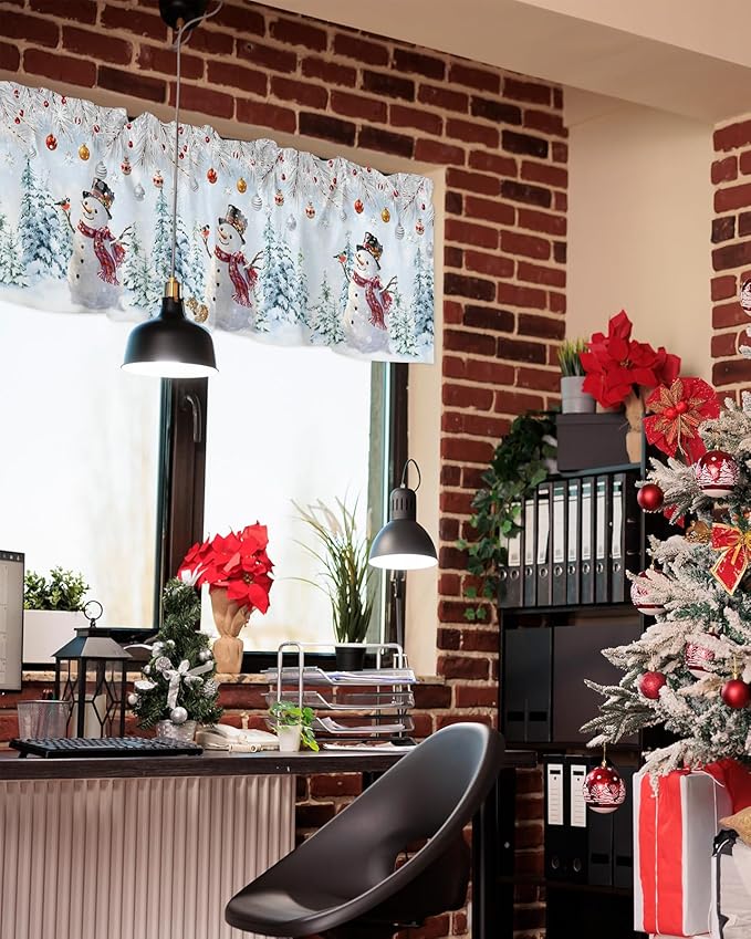 Snowman Valance Curtains for Kitchen Windows Blue Merry Christmas Tree Red Balls Squirrel Rod Pocket Window Treatment Toppers for Kitchen/Living Room/Bedroom/Bathroom, 54" X 18", Winter