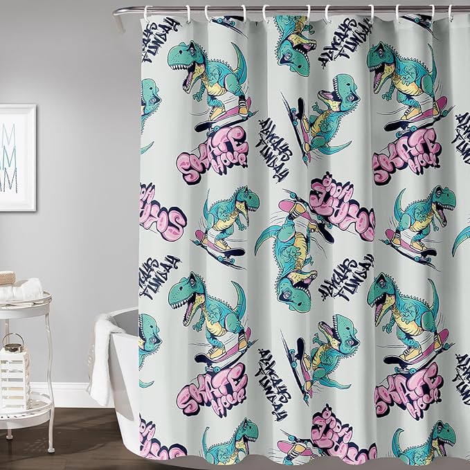 AILONEN Cute Dinosaur Kids Shower Curtain,Sport Cool Dinosaur Bath Curtain Gifts for Boys Teens,Skate Dinosaur Polyester Waterproof for Bathroom with 12 Plastic Hooks 48" W*72" H