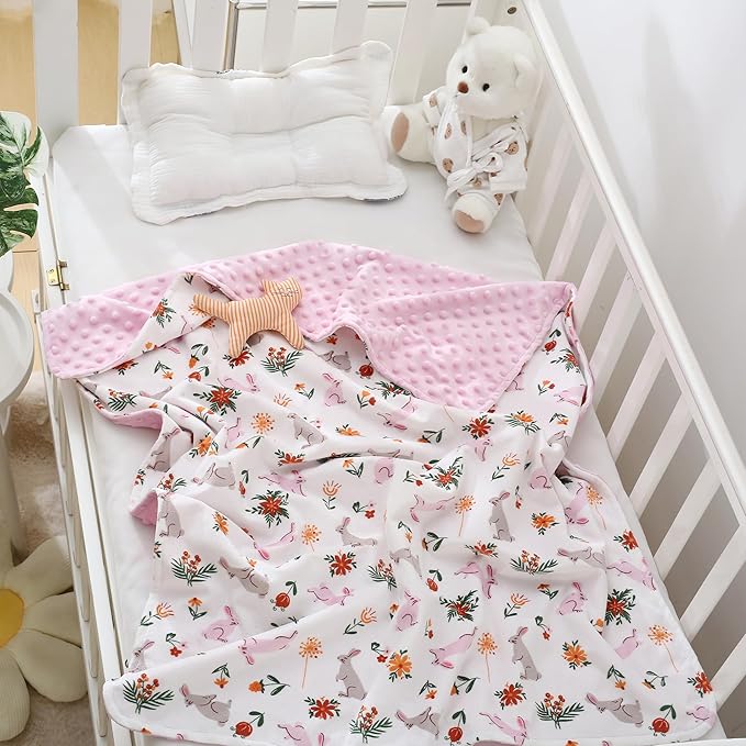 DaysU Silky Micro Soft Plush Baby Blankets for Girls with Print Rabbit Pattern and Soothing Raised Dots, Double Layer Bed Throws for Baby Crib, Rabbit, Pink, 30x40 Inches