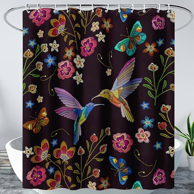 AILONEN Retro Hummingbird Shower Curtain,Wild Floral Flower Bathroom Decor with 12 Plastic Hooks,Bird Butterfly Vintage Black Curtains,Modern Bedroom Decor Gifts for Girls Teen Adult 72" W*84" H