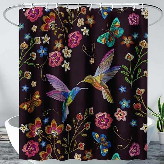 AILONEN Retro Hummingbird Shower Curtain,Wild Floral Flower Bathroom Decor with 12 Plastic Hooks,Bird Butterfly Vintage Black Curtains,Modern Bedroom Decor Gifts for Girls Teen Adult 48" W*72" H