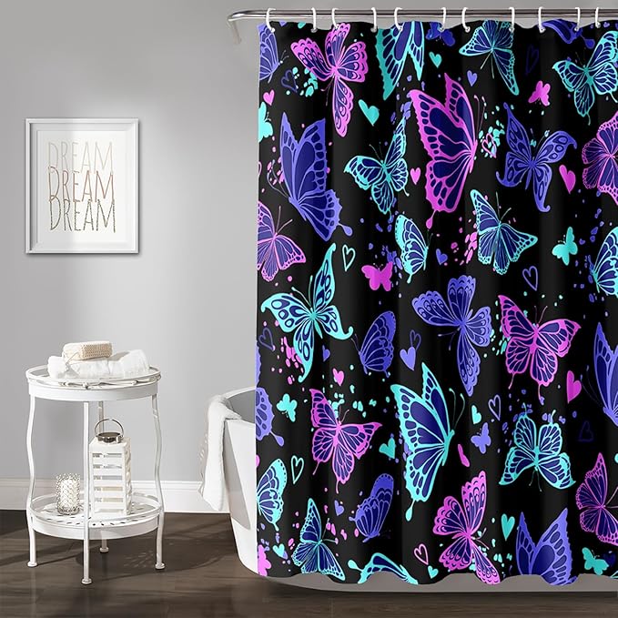 AILONEN Colorful Butterfly Shower Curtain, Butterfly Bath Curtain for Bathroom Decor,Polyester Waterproof with 12 Plastic Hooks 72" W*84" H
