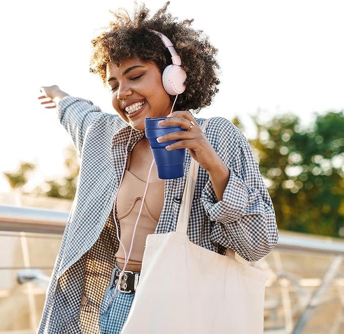 HYDRATE Collapsible Cups for Traveling - 400ml Reusable Cup with Lid for Camping, and On-the-Go Adventures - Foldable Cup - Portable Silicone Coffee Mug for Hot Drinks, Tea - Easy to Clean - Blue