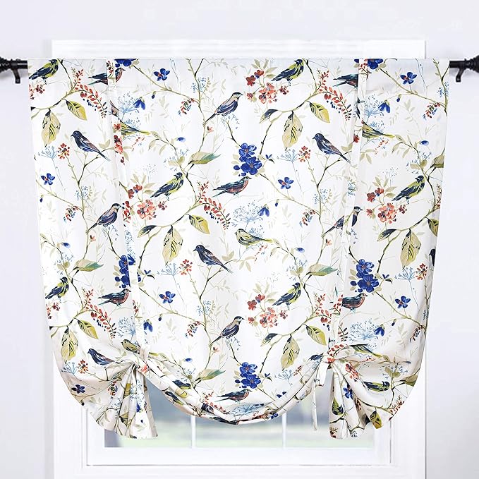 Leeva Balloon Shade Curtains Valances for Kid's Room, Birds Print Semi Blackout Small Drapes Adjustable Curtains for Cafe Studio, 42x63 in, One Panel, Blue