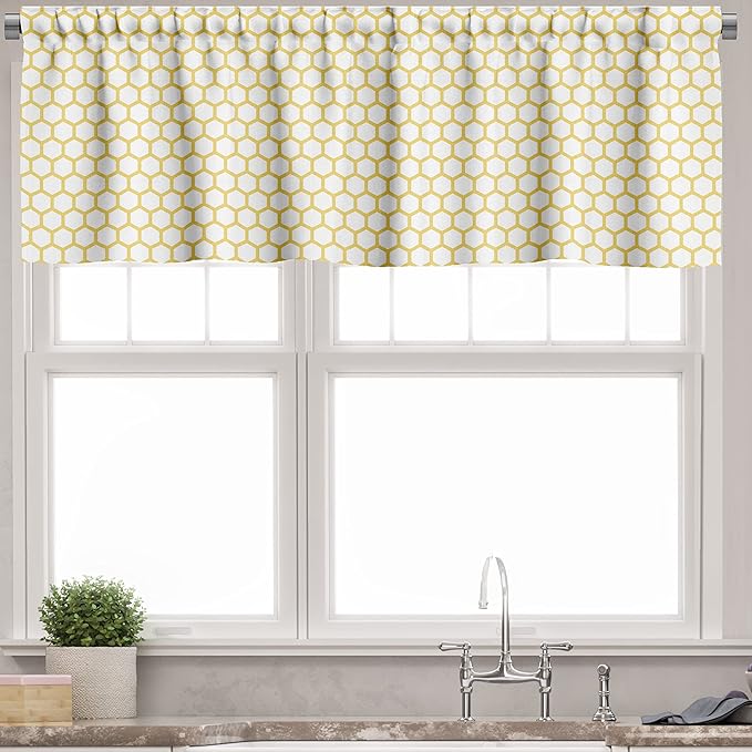 Ambesonne Yellow and White Valance & Tier Curtain 3 pcs Set, Hexagonal Pattern Honeycomb Beehive Simplistic Geometrical Monochrome, Window Treatments for Kitchen Room Decor, 55" x 36", White Yellow