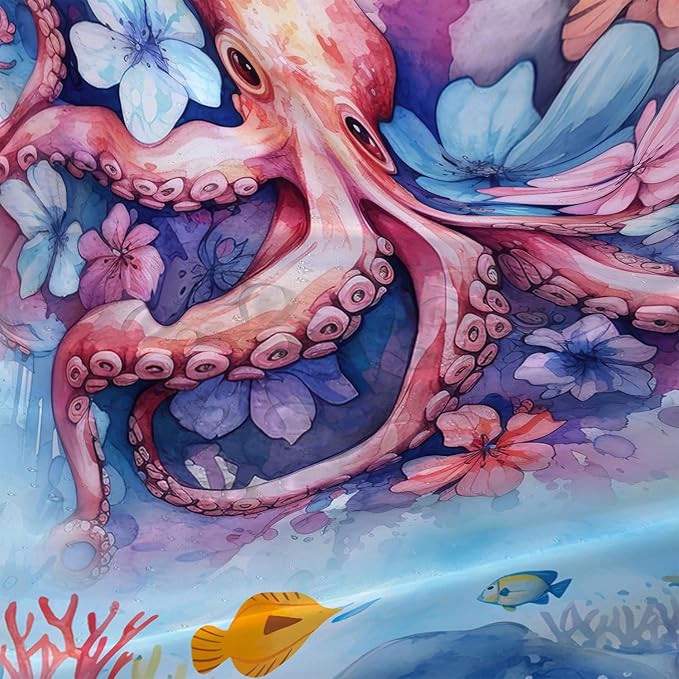 AILONEN Sea Octopuses Shower Curtain Set, Cartoon Octopus with Flowers Waterproof Fabric Shower Curtain,Watercolor Blue Ocean World Cloth Bath Curtain for Bathroom Decor with Hooks,60" Wx72 H