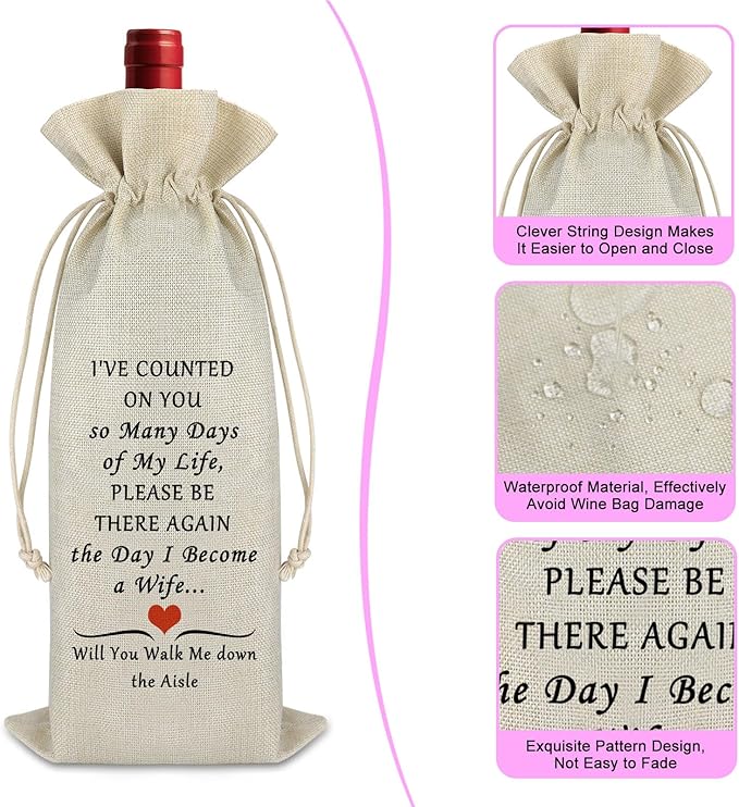 Wedding Gift for Dad Mom Bridesmaid Gift from Bride Wedding Wine Bag Engagement Wine Bag Wedding Day Gift for Friend Family Member Bride Groom Couple Gift Drawstring Cotton Burlap Wine Bottle Bags