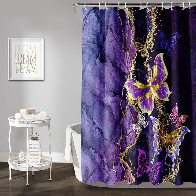 AILONEN Beautiful Butterfly Shower Curtain Bathroom 72" W*78" H Purple Butterfly Curtain Cloth Fabric Bathroom for Girls Kids,Marble Theme Shower Curtain Set