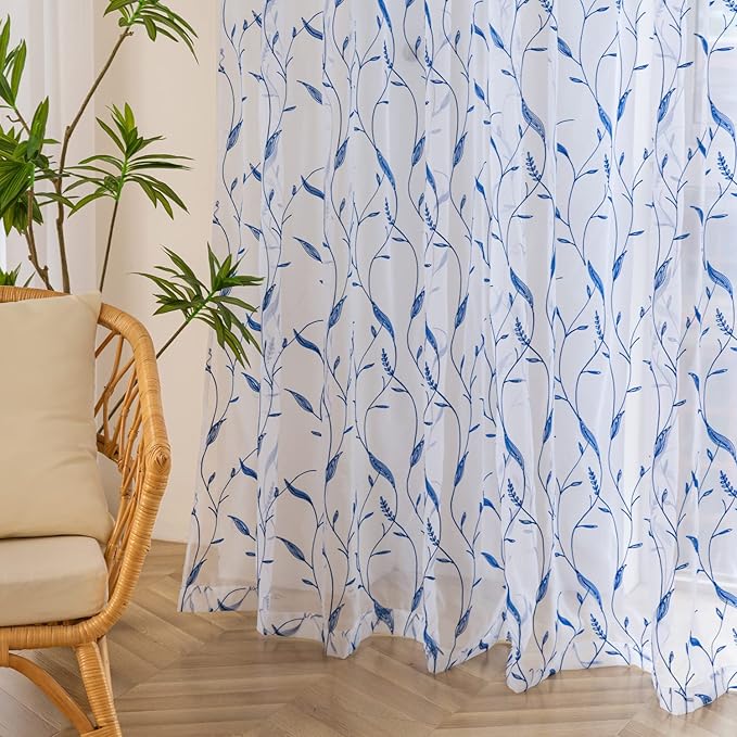 Windows Sheer Curtains Embroider Blue Leaf 108 Inches Length 2 Panels Voile Light Filtering Sheer Curtains Panel Basic Rod Pocket for Bedroom Living Room Children Room