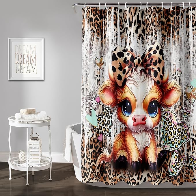AILONEN Cartoon Yak Shower Curtain Set, Kids Leopard Print Love Yak Waterproof Fabric Shower Curtain for Bathroom Decor,Bow Tie Yak Cloth Bath Curtain Set with Plastic Hooks,72" Wx72 H