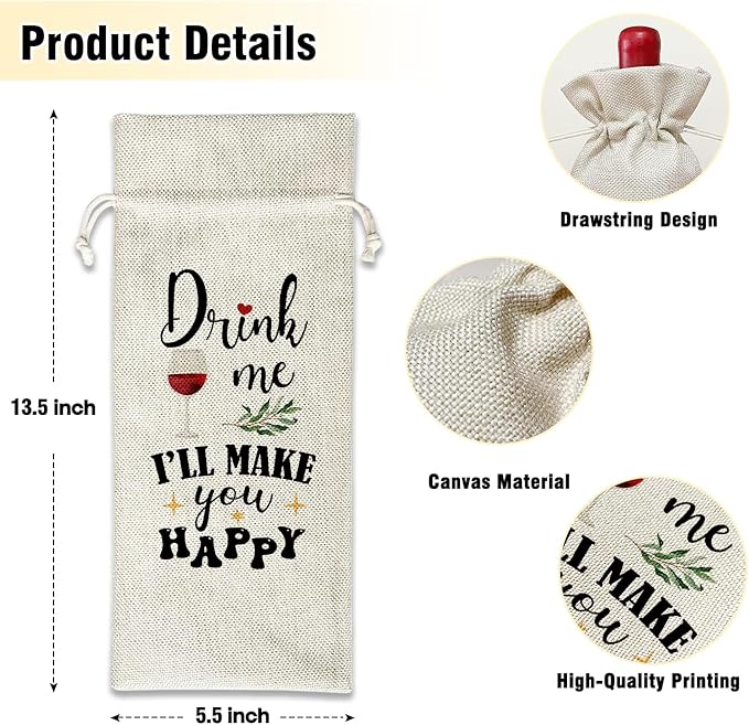 Wine Canvas Bag, Funny Wine Gift Bag, Birthday Gifts for Women Men Wife Coworker Colleague Friend Wine Lover Gift, Wine Bags for Wine Bottles, Wine Gifts With Drawstring Holiday Party Decoration -WB25