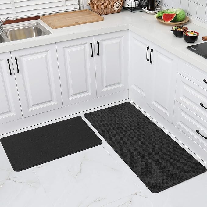 COSY HOMEER 20x30 Inch/20X48 Inch Kitchen Rug Mats Made of 100% Polypropylene Strip TPR Backing 2 Pieces Soft Kitchen Mat Specialized in Anti Slippery and Machine Washable,Black
