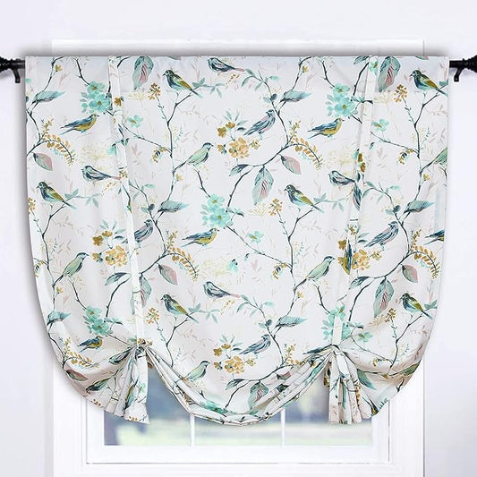 Leeva Tie Up Windows Curtains for Kitchen, Green Vivid Birds Printed Pattern Thermal Insulated Shades Curtain for Small Windows, 42x63 in, One Panel