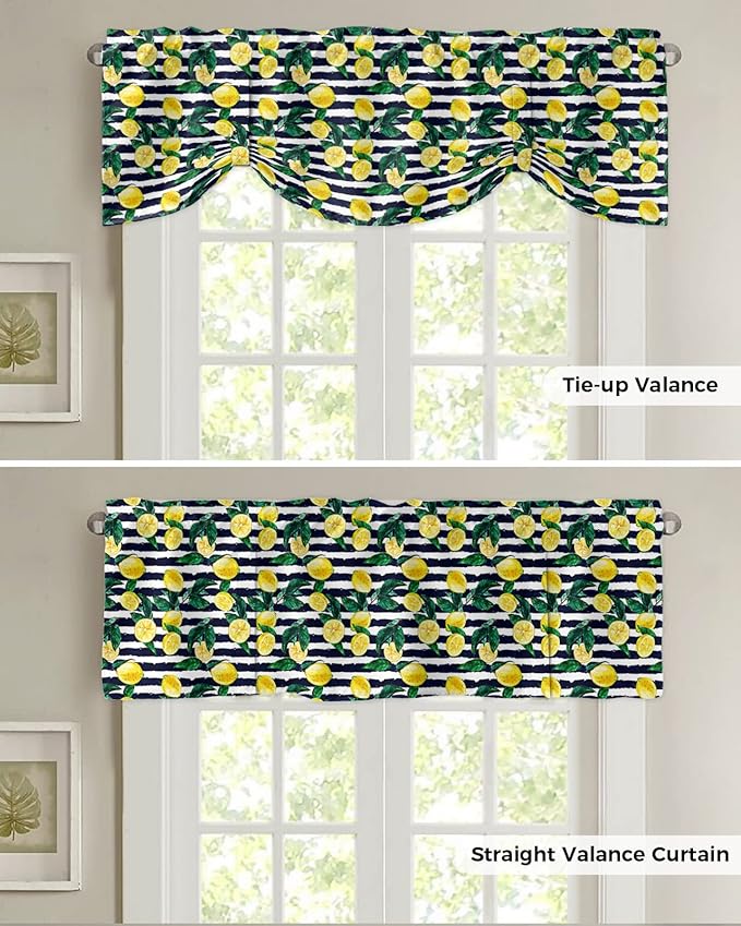 Tie Up Valance for Kitchen Living Room Farmhouse - Lemon and Stripe Pattern Rod Pocket Adjustable Tie-up Shade Valance for Small Window, Window Valance Balloon Drape for Bathroom 42x18 inches