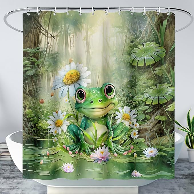 AILONEN Cartoon Frog Shower Curtain,Green Frog with Daisy Bath Curtain Set for Kids Boys Girls,Tropical Amphibian Waterproof Fabric Shower Curtain,Nature Shower Curtain for Bathroom,48" W*72" H