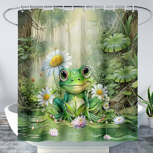 AILONEN Cartoon Frog Shower Curtain,Green Frog with Daisy Bath Curtain Set for Kids Boys Girls,Tropical Amphibian Waterproof Fabric Shower Curtain,Nature Shower Curtain for Bathroom,60" W*72" H