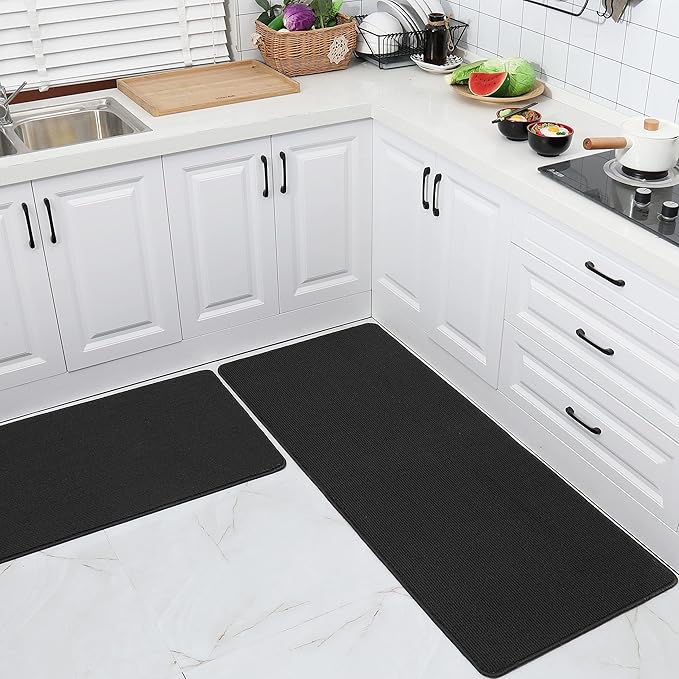 COSY HOMEER 24x35 Inch/24X60 Inch Kitchen Rug Mats Made of 100% Polypropylene Strip TPR Backing 2 Pieces Soft Kitchen Mat Specialized in Anti Slippery and Machine Washable,Black