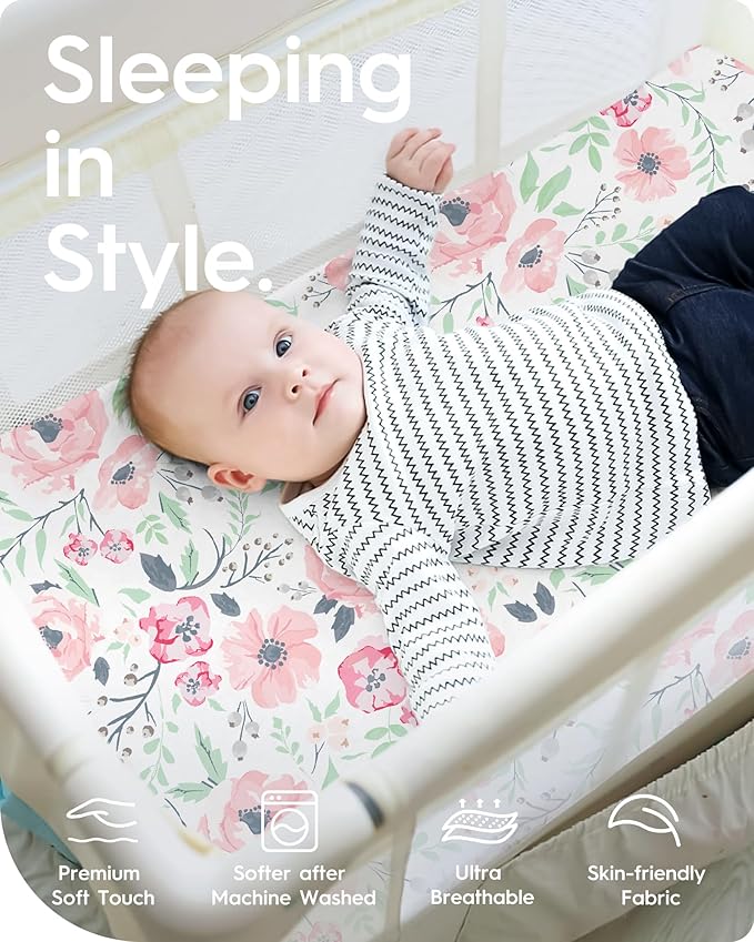 Pack N Play Sheets Girl, TotBasic Floral Mini Crib Sheets Fitted, Premium Jersey Knit Pack and Play Sheets, Stretchy Play Yard Sheets for Pack and Play Mattress, 2 Pack (Pink Floral)