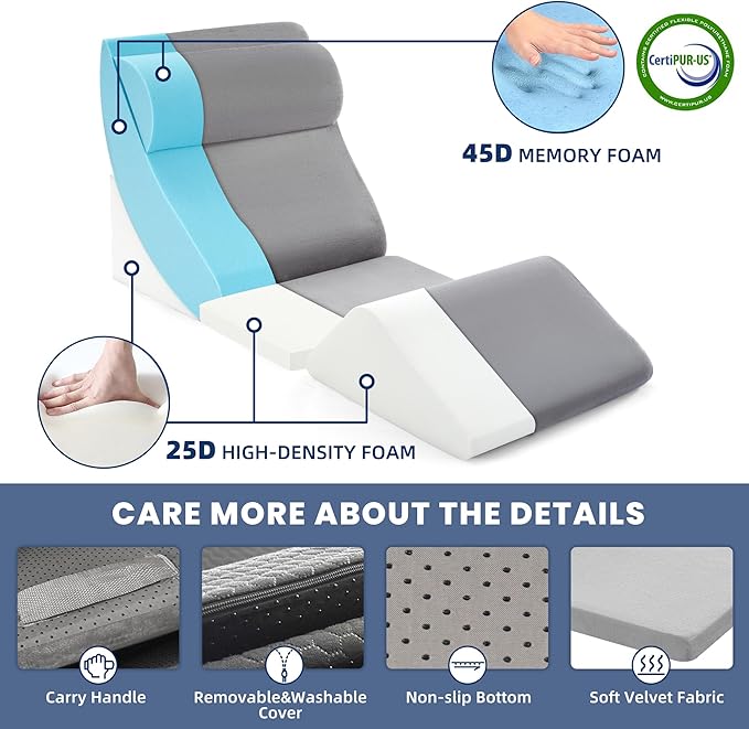 BDEUS 5pcs Orthopedic Bed Wedge Pillow Set, Memory Foam Wedge Pillow for Sleeping, Knee, Lumbar and Back Support Adjustable Bed Pillow, Deep Grey