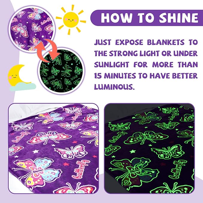 Glow in The Dark Blanket for Girls Butterfly Gifts for Women Kids Teens Soft Throw Blanket