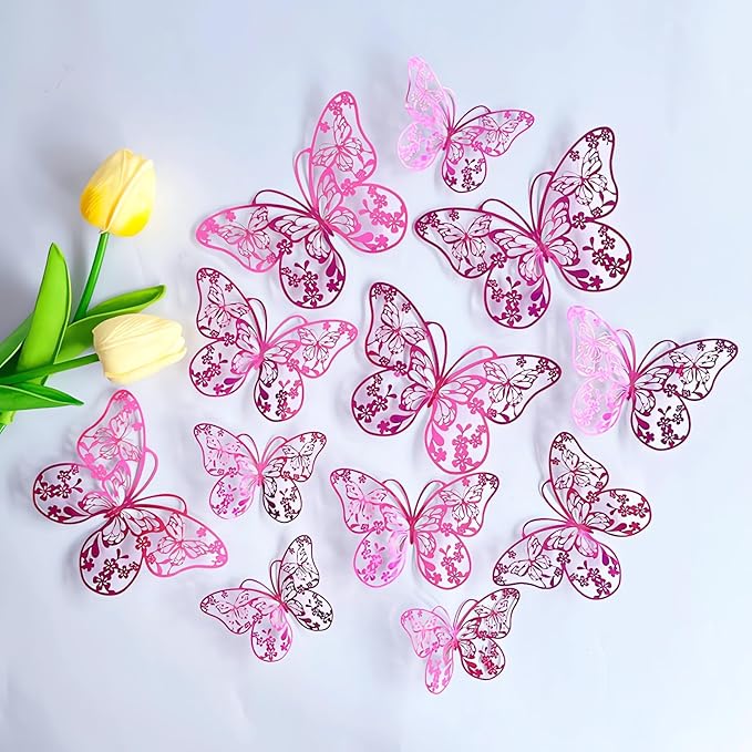3D Butterfly Wall Decor 3 Sizes 4 Styles, Kurilai 48Pcs Butterfly Decorations Party Birthday Cake Decoration, Removable Wall Stickers for Kids Nursery Wedding Bedroom Room Decor (Pink)