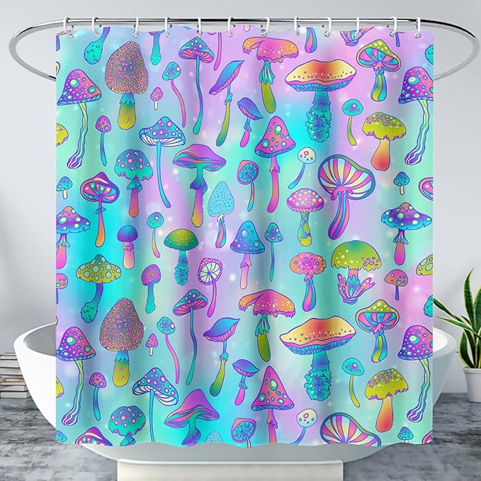 AILONEN Mushroom Shower Curtain for Bathroom,Blue Purple Mushroom Bath Curtain,Cute Cartoon Magic Fungus Decor Bathroom Curtain with 12 Plastic Hooks, 48" W x 72" H