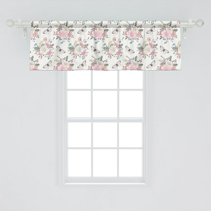Ambesonne Shabby Flora Window Valance, Peonies Peas Roses Bouquet Butterflies Pastel Tones Bridal Theme, Curtain Valance for Kitchen Bedroom Decor with Rod Pocket, 42" x 18", Pale Pink Green
