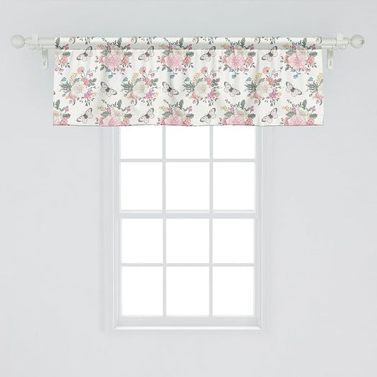 Ambesonne Shabby Flora Window Valance, Peonies Peas Roses Bouquet Butterflies Pastel Tones Bridal Theme, Curtain Valance for Kitchen Bedroom Decor with Rod Pocket, 42" x 18", Pale Pink Green