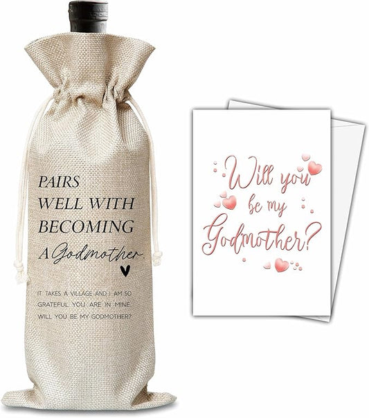 Xanev Godmother Wine Gift Bag For Women, Godmother Proposal Gifts, Pairs Well With Becoming Godmother Wine Bag, Baptism Gifts For Godmother From Godchild, Birthday Wine Party Favors Decor, B04