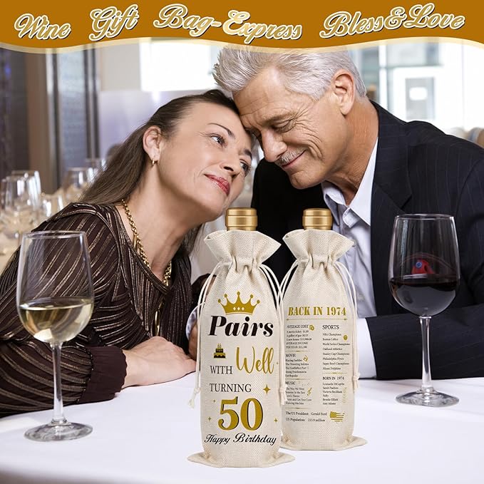 Wxiben 50th Birthday Wine Bags - 1pcs 1974 Wine Gifts for Women Men 50 Year Old Burlap Wine Gift Bag Over the Hill 50th Birthday Party Decorations for Mom Dad Grandma Coworker Birthday Gift