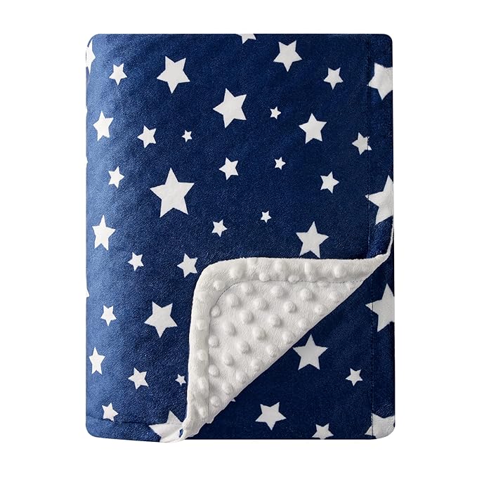 DaysU Silky Micro Soft Plush Baby Blankets Unisex with Print Star Pattern and Soothing Raised Dots, Double Layer Bed Throws for Toddler Cot, Star, Navy, 50x60 Inches