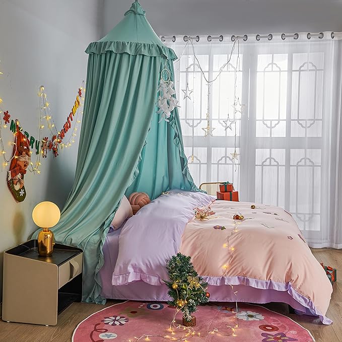 VETHIN Bed Canopy for Girls Kids,Princess Round Dome Children Dreamy Mosquito Net Bedding Girls Room Castle Play Tent Hanging House Decor Reading Nook Canopies (Green)
