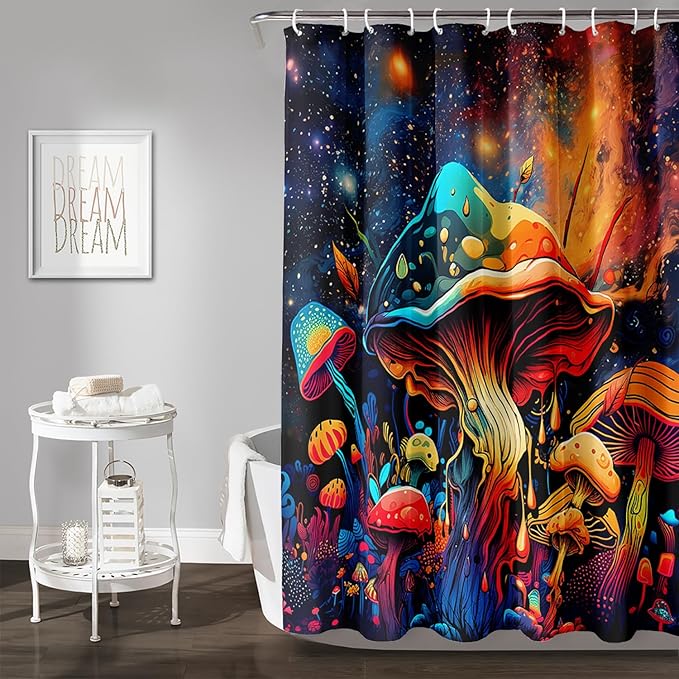 AILONEN Cartoon Magic Mushroom Shower Curtain,Funny Mushroom Waterproof Fabric Shower Curtain Set for Kids Girls,Boho Natural Plants Starry Night Shower Curtain with Hooks for Bathroom, 72" W*78" H