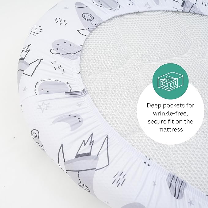 TansyPanda Bassinet Sheets for Angelbliss, Koolerthings, and Koola Baby Bassinet Bedside Sleeper, 3 Pack, 33x20 inch, Ultra Soft, Breathable, Snug Fit, Unisex Boys Girls, Gray White (Space Rockets)