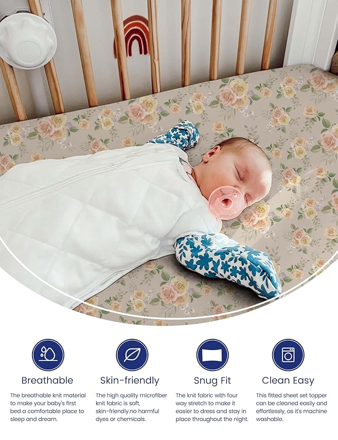 TotAha Crib Sheets for Boy Girl, Premium Soft Fitted Crib Mattress Sheet, Super Stretchy Jersey Knit Baby Bed Sheets, 28x52x9 Extra Deep Pocket, 2 Pack (Vintage Rose & Brunch)