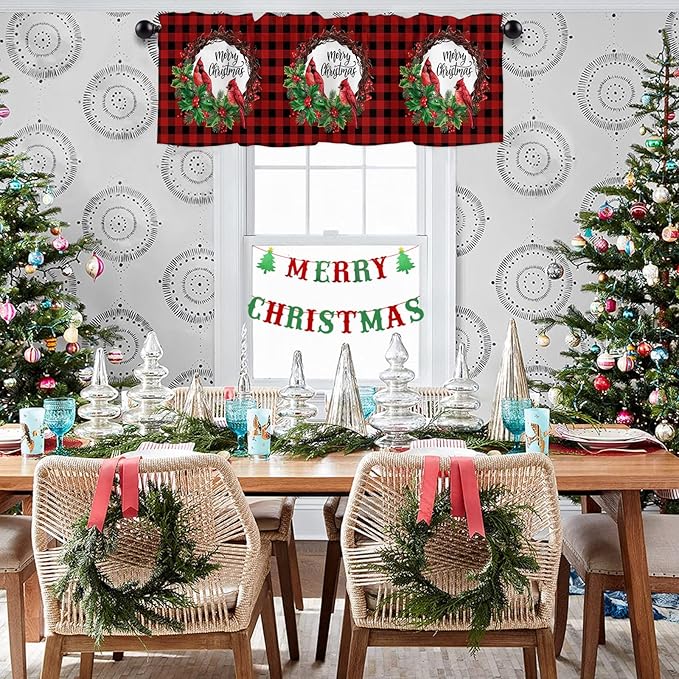 Merry Christmas Valance Kitchen Curtains for Windows, Winter Cardinal Holly Berries Rod Pocket Valances Window Treatments Red Black Plaid Short Curtains For Bedroom/ Living Room, 54" X 18" -1 Panel